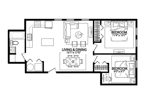 Floor plan for 2 beds, 1 bath, 780 sqft